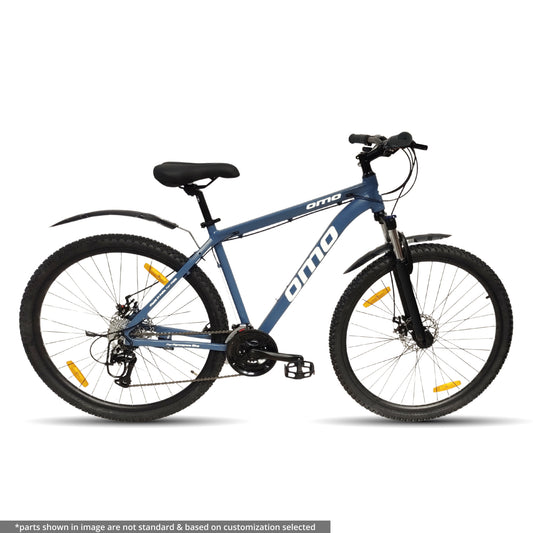 Omobikes alloy MTB 27.5t and 29er shimano geared hybrid cycle with dual disc brake and lockout suspension