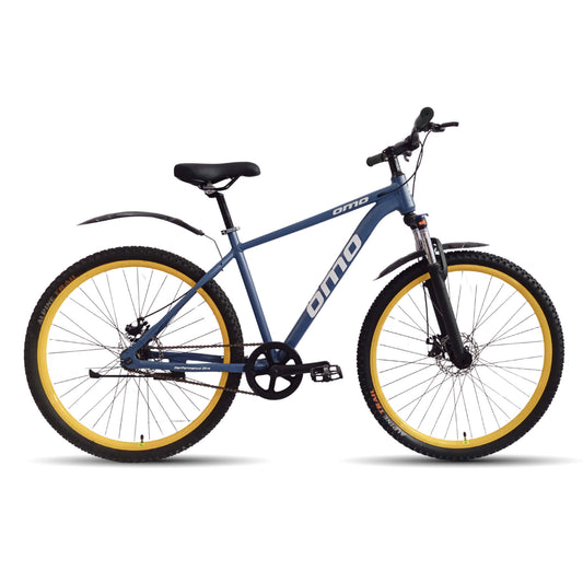 Coorg hybrid cycle alloy frame single speed with lockout suspension blue color with yellow wheel side view by omobikes