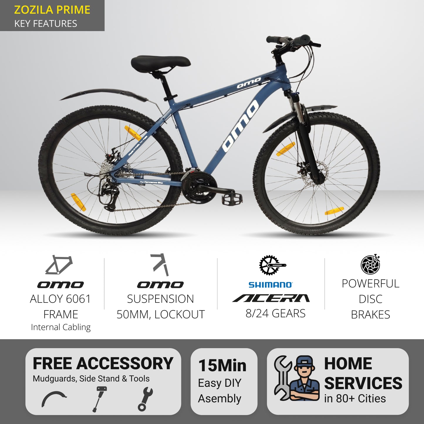 Omobikes Alloy MTB 27.5T 29T Mountain Cycle key features shimano gear lightweight hybrid bike with suspension disc brakes in blue color