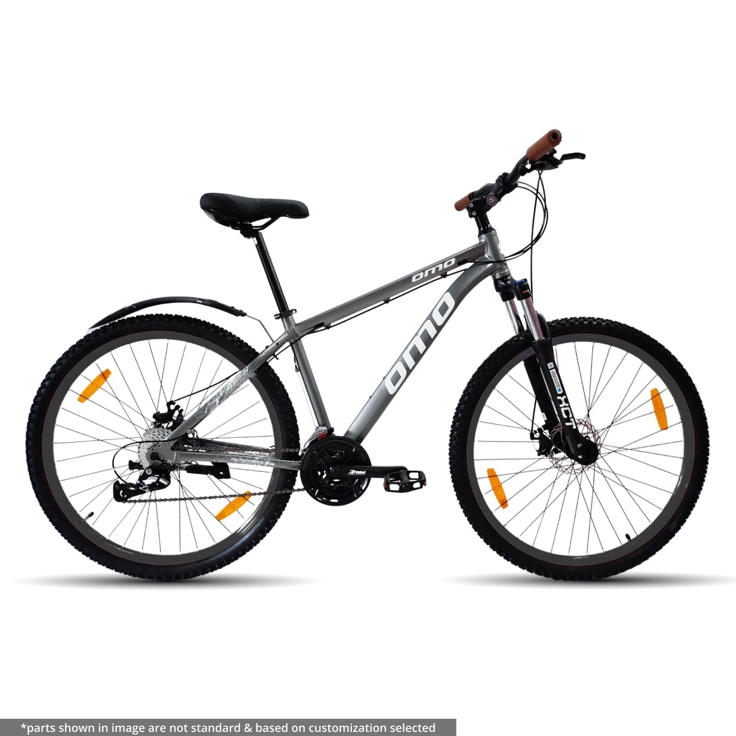 omobikes zojila 3x9 alivio Alloy MTB 29er mountain bike with hydraulic brakes suntour suspension grey black color side view