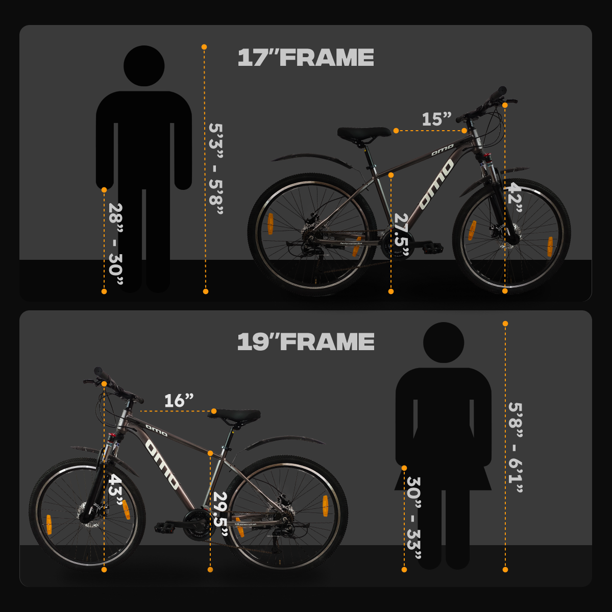 Zozila prime 8 and 24 gear mountain mtb bike size chart by omobikes