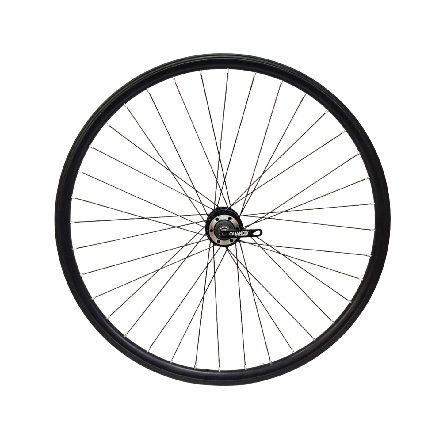 Bicycle wheel with black rim and spokes on a white background