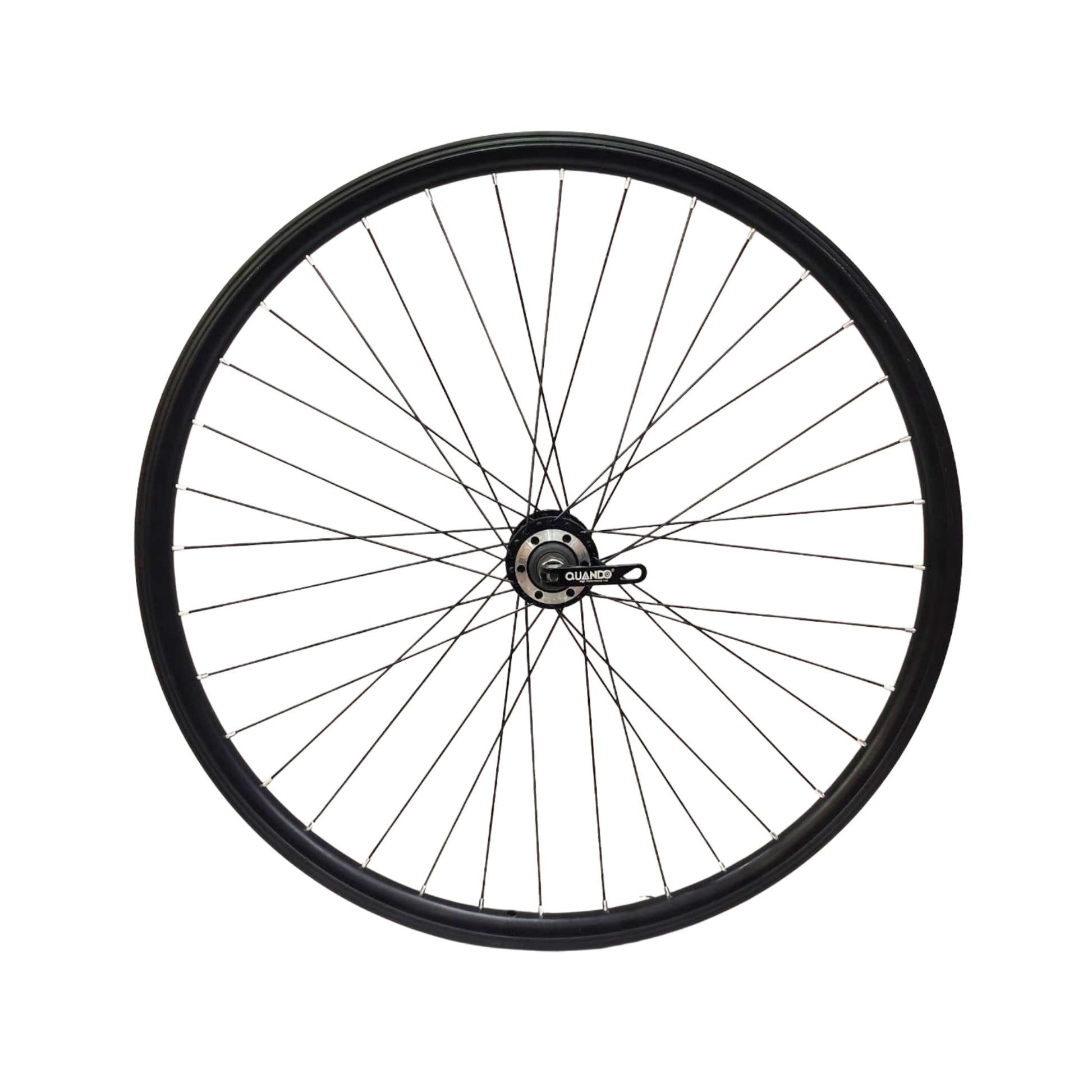 Bicycle wheel with black rim and spokes on a white background