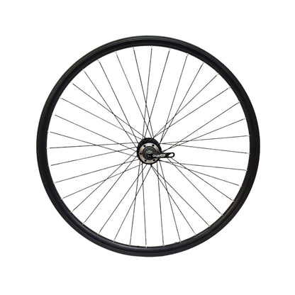 Bicycle wheel with black rim and spokes on a white background