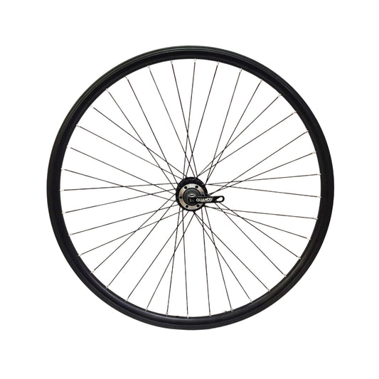 Bicycle wheel with black rim and spokes on a white background