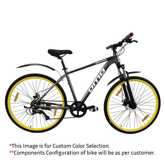 Coorg pro 9 and 27 Shimano alivio gear  hybrid bike cycle in 17 and 19 inch frame with lockout suspension and disc brake in grey colour with yellow wheel  by omobikes