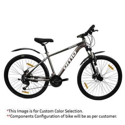 Coorg pro 9 and 27 Shimano alivio gear  hybrid bike cycle in 17 and 19 inch frame with lockout suspension and disc brake in grey colour with black wheel by omobikes