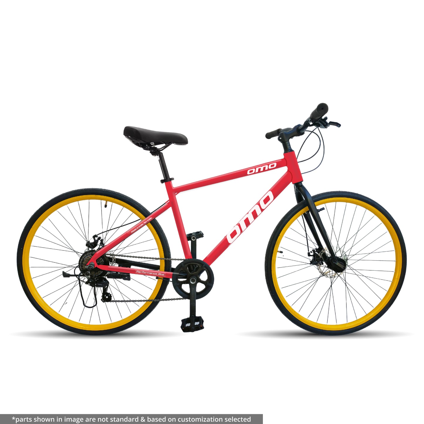 Alloy frame Light weight hybrid bike with 7 gear under 15000 in india by omobikes hampi red color yellow frame