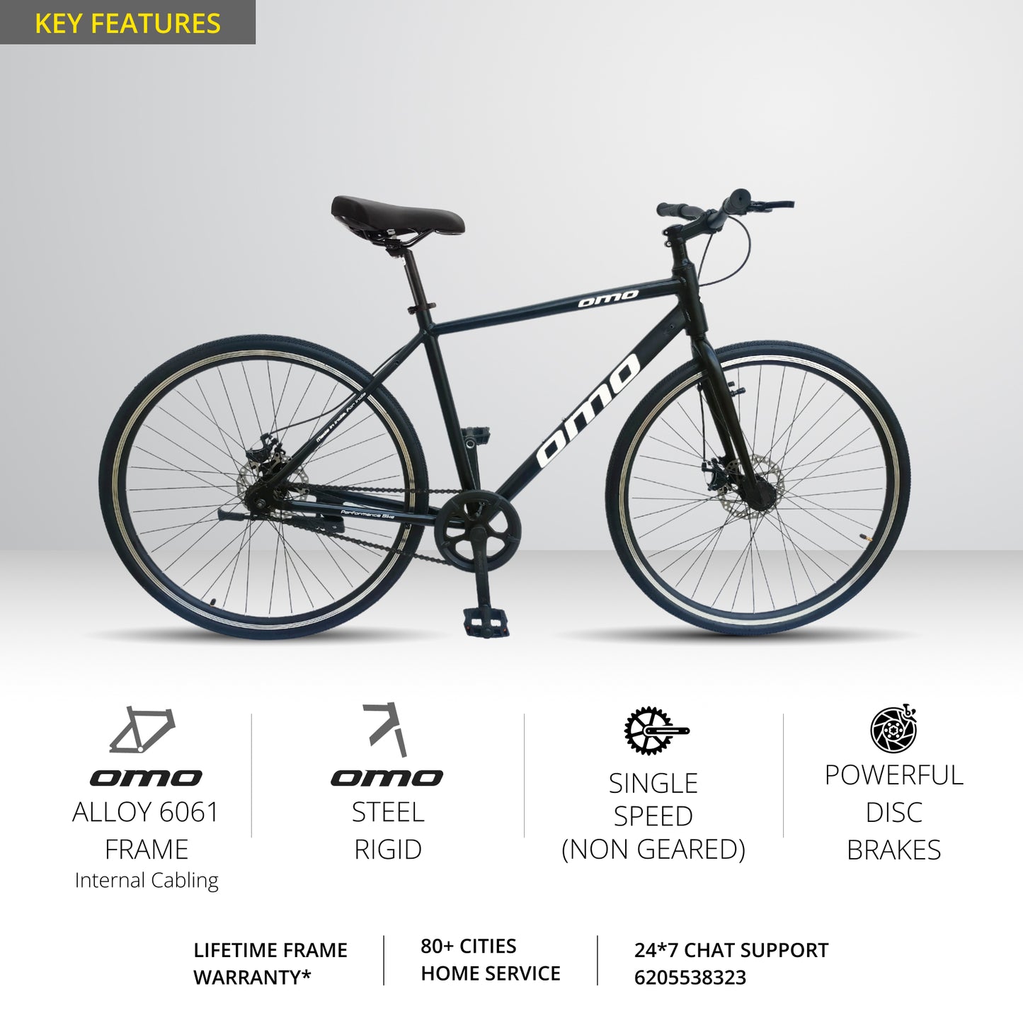 Hampi 700 Alloy frame single speed without gear hybrid bike with disc brake by omobikes black color feature points