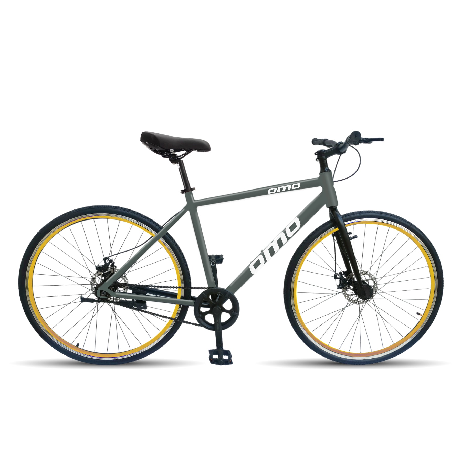 Omobikes hampi 700 alloy frame hybrid bike single speed without gear full sideview GREY FRAME YELLOW RIM 