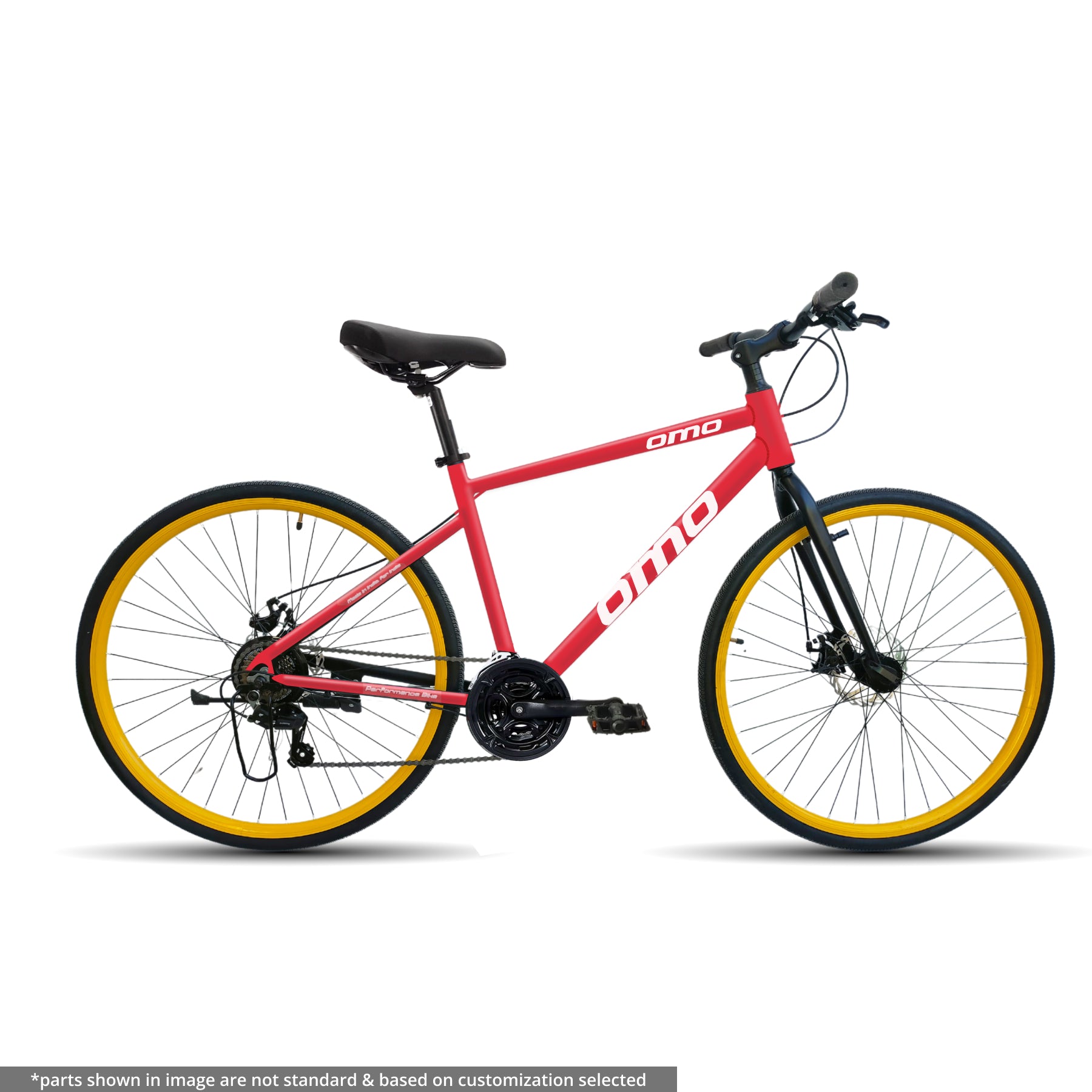 Alloy frame Light weight hybrid bike with 24 gear under 15000 in india by omobikes hampi red color yellow frame