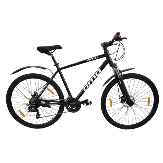 Ladakh Prime 8 and 24 gear hybrid bike alloy frame with lockout suspension black colour with black wheel by omobikes