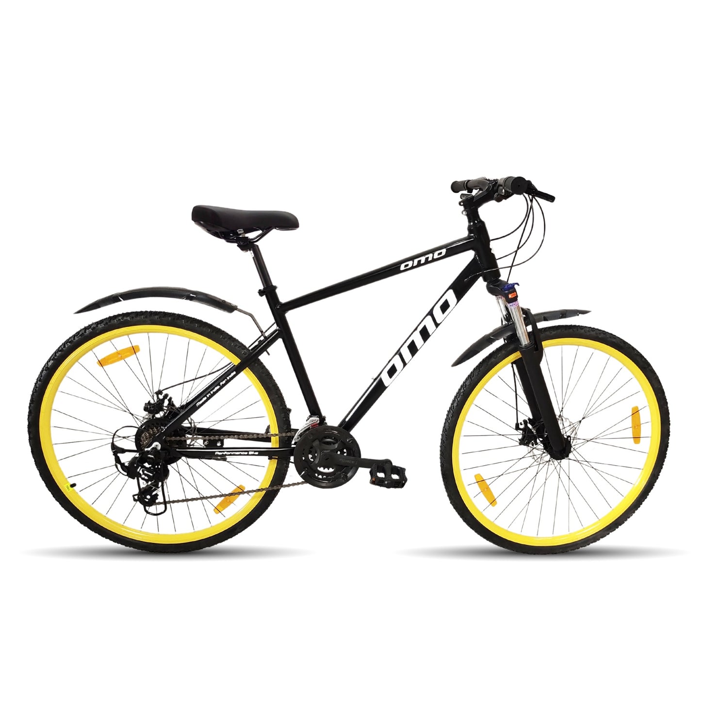 Ladakh Prime 8 and 24 gear hybrid bike alloy frame  black colour with yellow wheel by omobikes