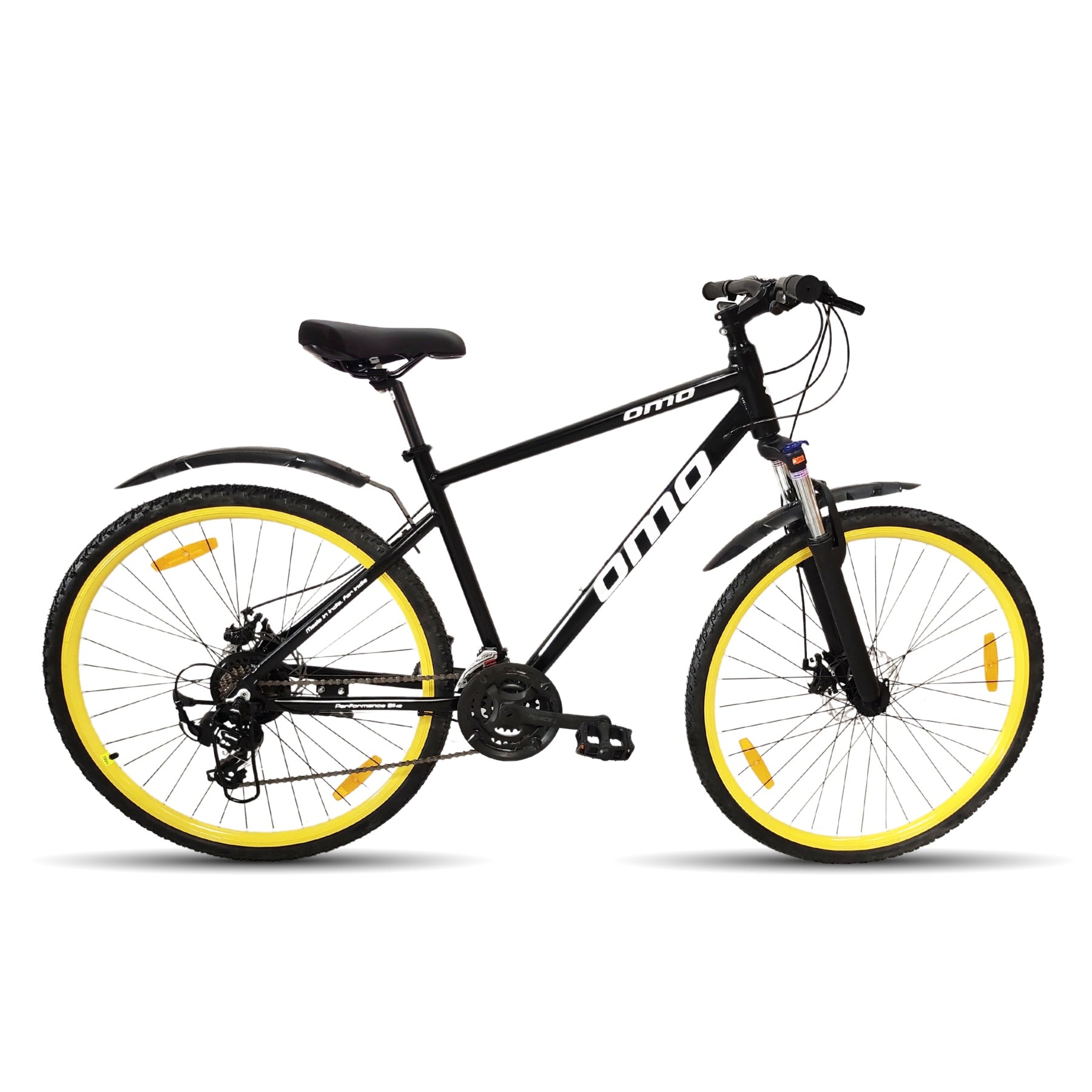 Ladakh Prime 8 and 24 gear hybrid bike alloy frame  black colour with yellow wheel by omobikes