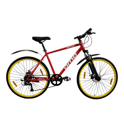 Ladakh Prime 8 and 24 gear hybrid bike alloy frame red colour with yellow wheel by omobikes