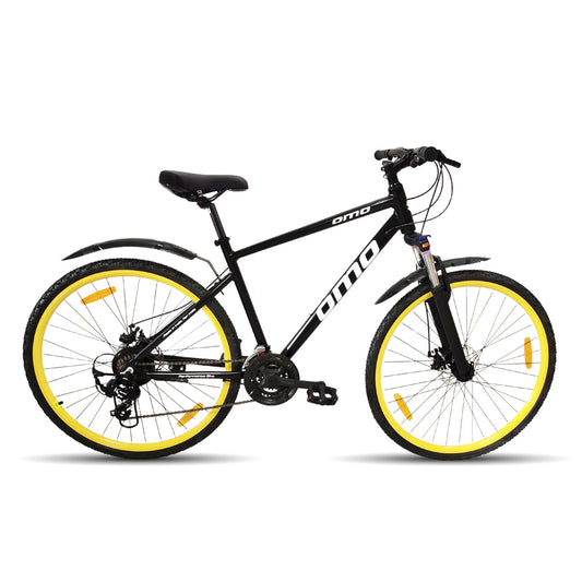 Ladakh ace 7 and 21 gear hybrid cycle bike with lockout suspension black with yellow wheel by omobikes