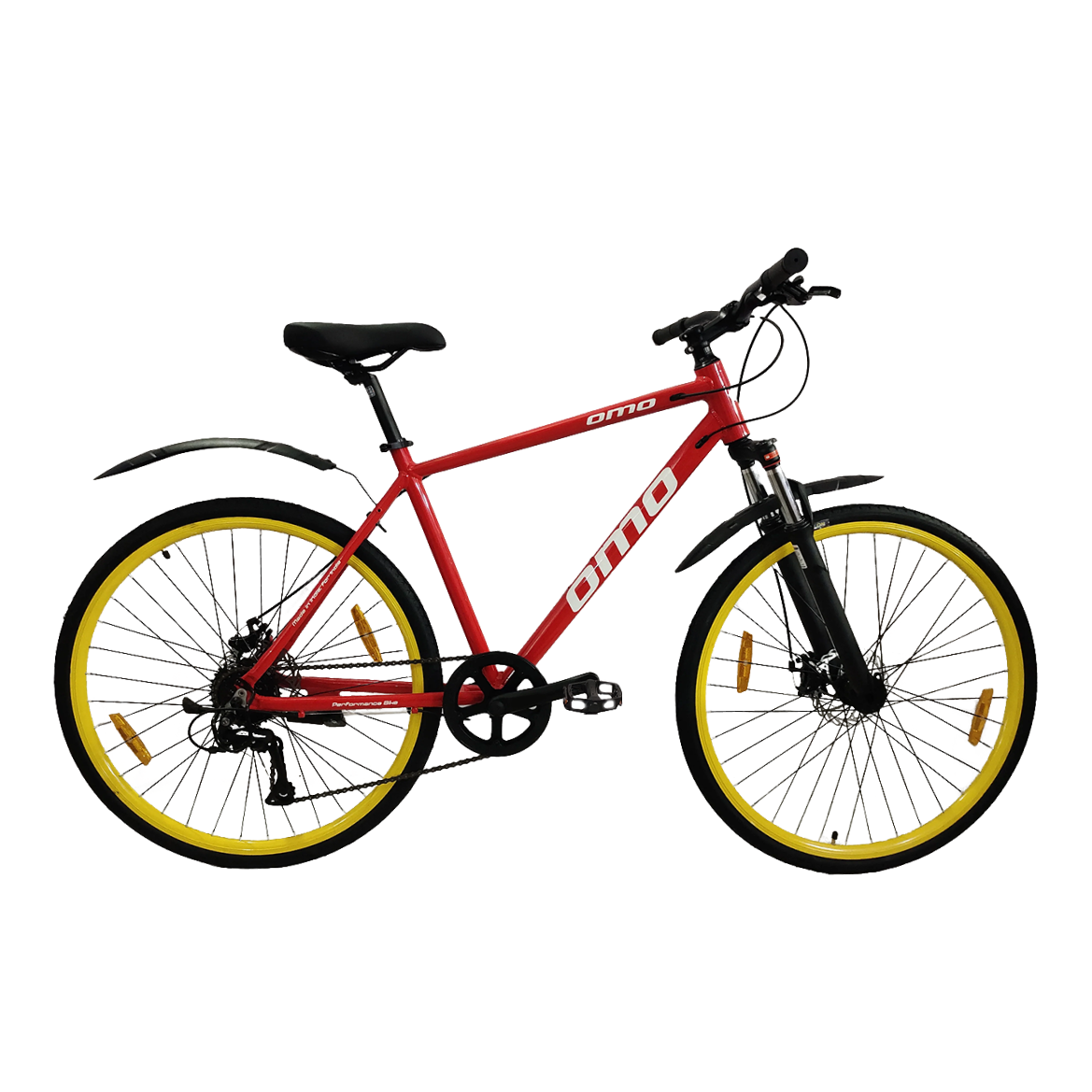 Ladakh ace 7 and 21 gear hybrid cycle bike with lockout suspension red with yellow wheel by omobikes