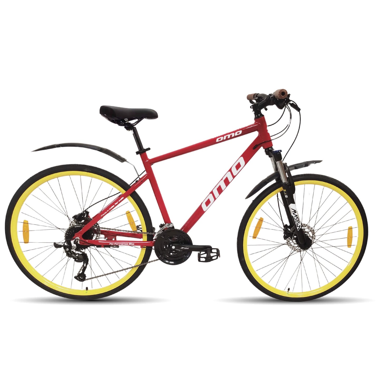 Ladakh pro 9 and 27 gear hybrid cycle alloy frame red colour with yellow wheel by omobikes