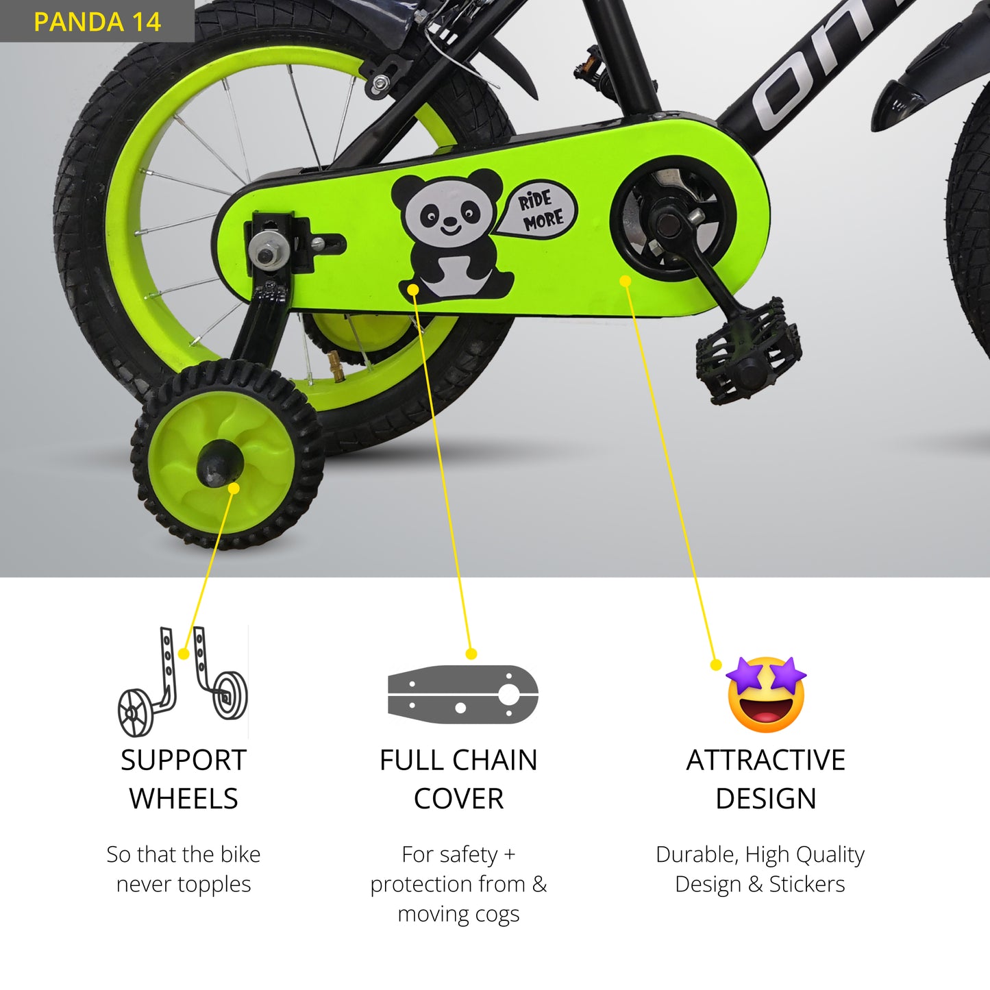 omobikes panda 14T kids cycle 3 to 5 year key features support wheel, pedal view