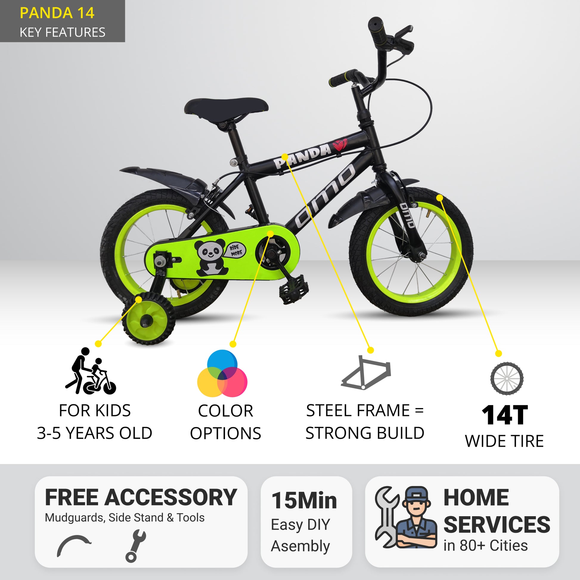 omobikes panda 14T kids cycle 3 to 5 year key features  specification