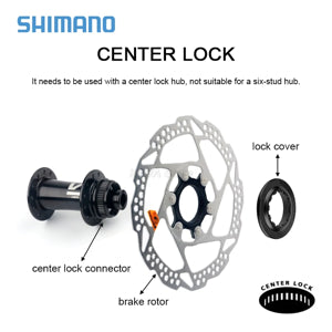 Shimano center lock bicycle hub with labeled parts on a white background