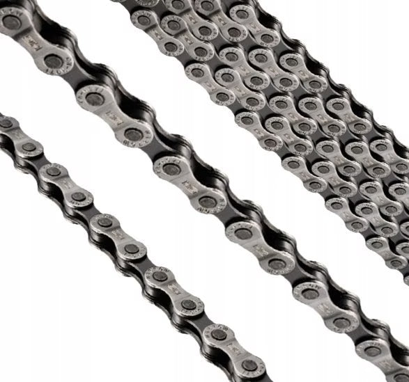 Close-up of shimano cn-hg71 bicycle chain on a white background