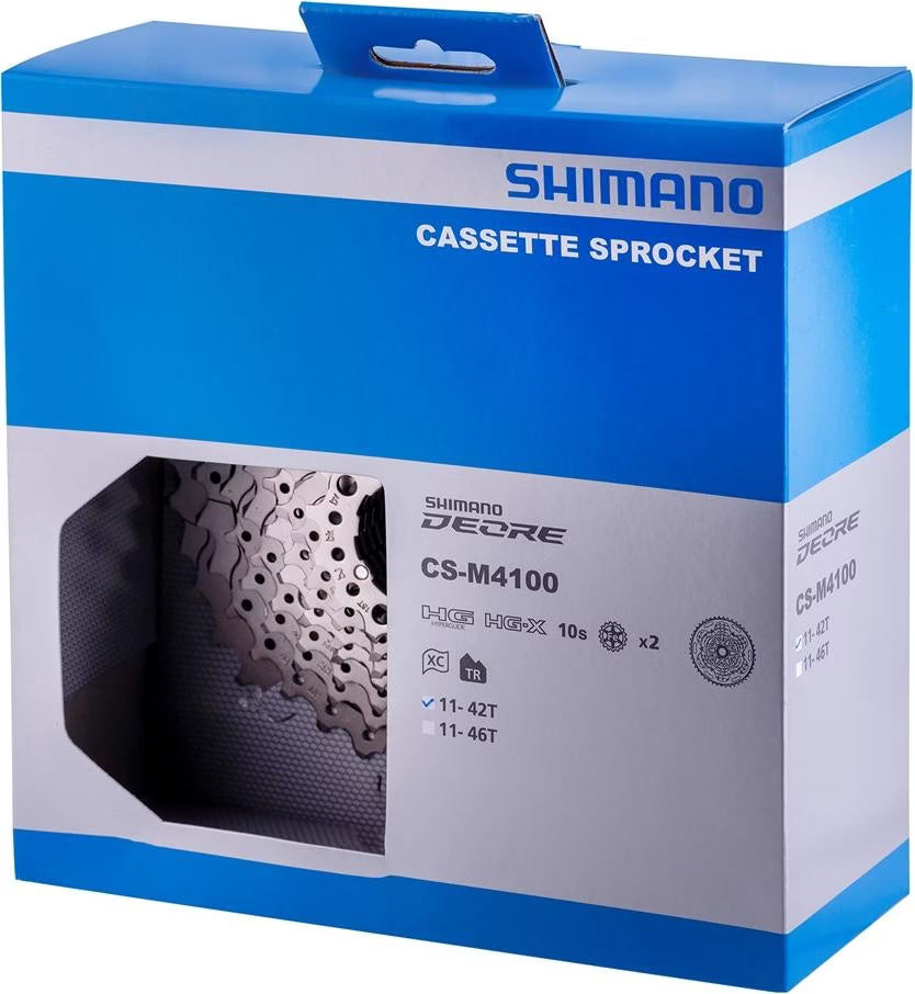 Shimano Deore M4100 10 S cassette sprocket packaging with blue and white design