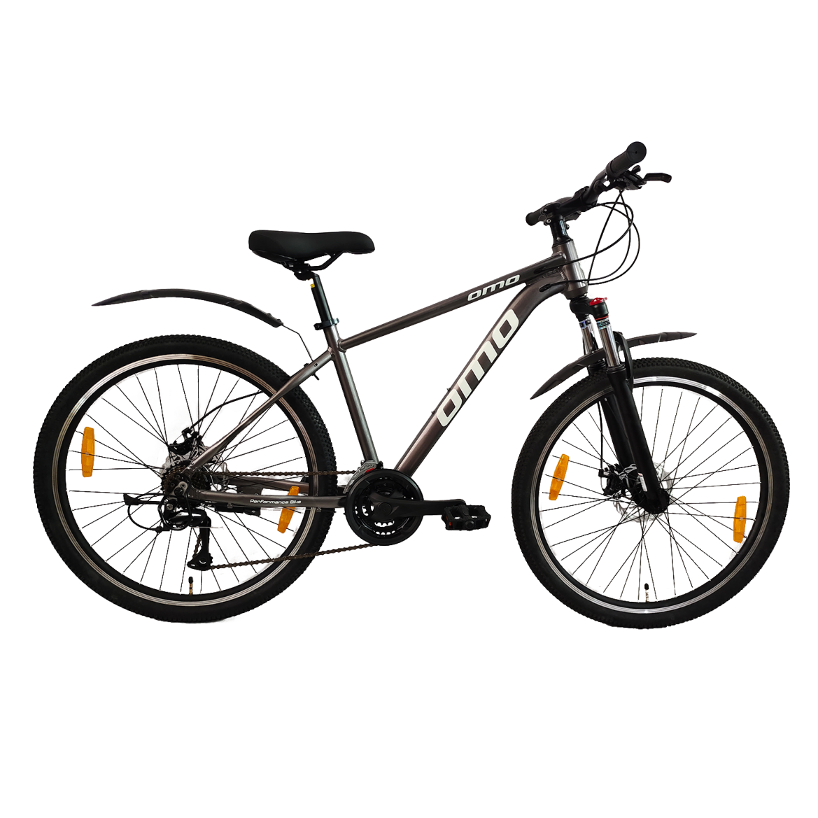 zozila ace 7 and 21 gear 27.5t and 29er shimano geared hybrid cycle with dual disc brake and lockout suspension grey color by omobikes