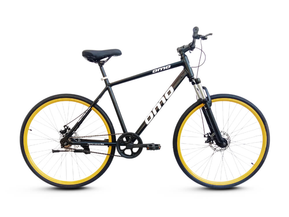 omobikes bestseller ladakh x1 alloy frame hybrid bike with disc brake under 15000 and lockout suspension yellow color