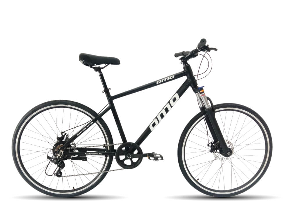 Omobikes alloy frame ladakh x 7 speed geared hybrid bike with front suspension and disc brake side view black color