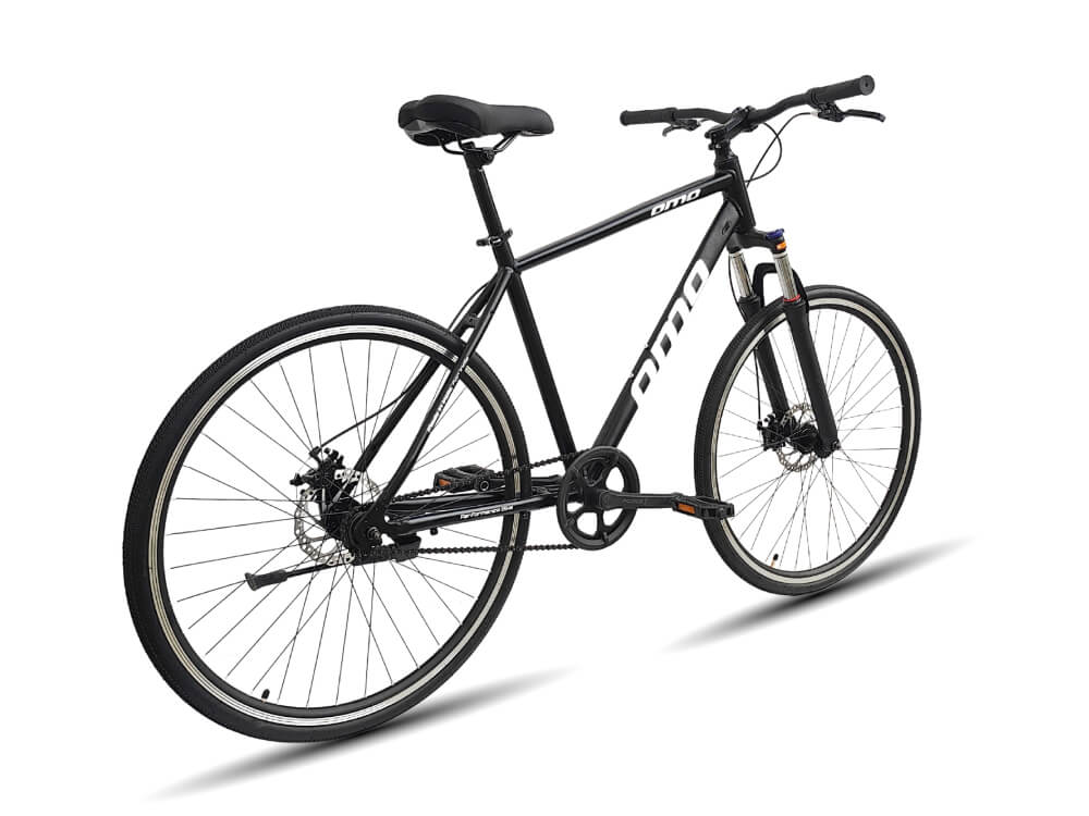 omobikes ladakh x1 alloy frame black color hybrid bike with disc brake under 15000 and lockout suspension rear angle view