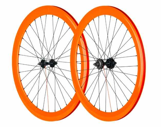 Bicycle wheel fully laced front view 26T orange color spare part by omobikes
