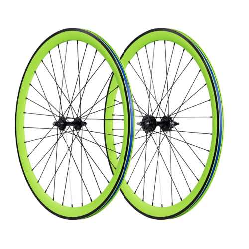 Bicycle wheel fully laced front view 26T green color spare part by omobikes